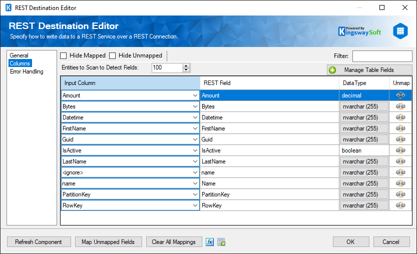 SSIS REST Azure Tables Destination - Columns